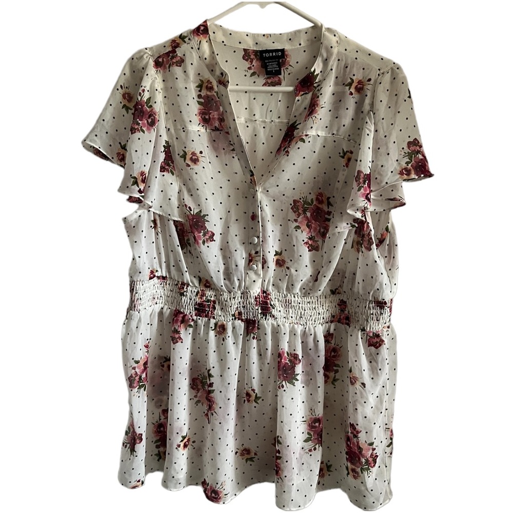 Torrid Chiffon Ruffle Front Blouse Size 1X Plus Size White Floral Polka Dot